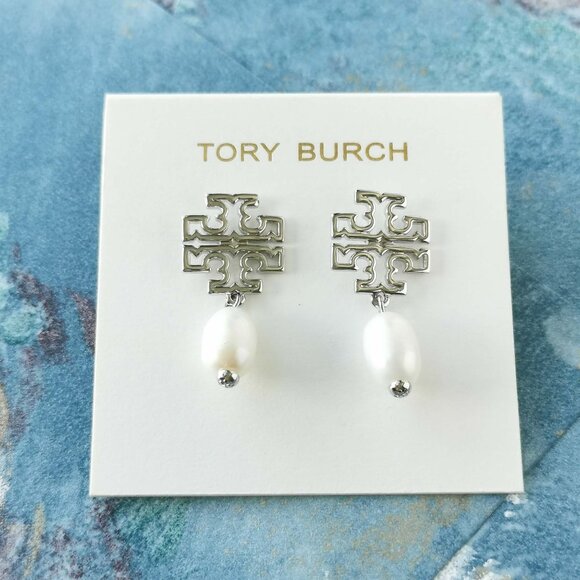 Tory Burch Britton Logo Silver White Pearl Drop Earrings - Picture 1 of 3